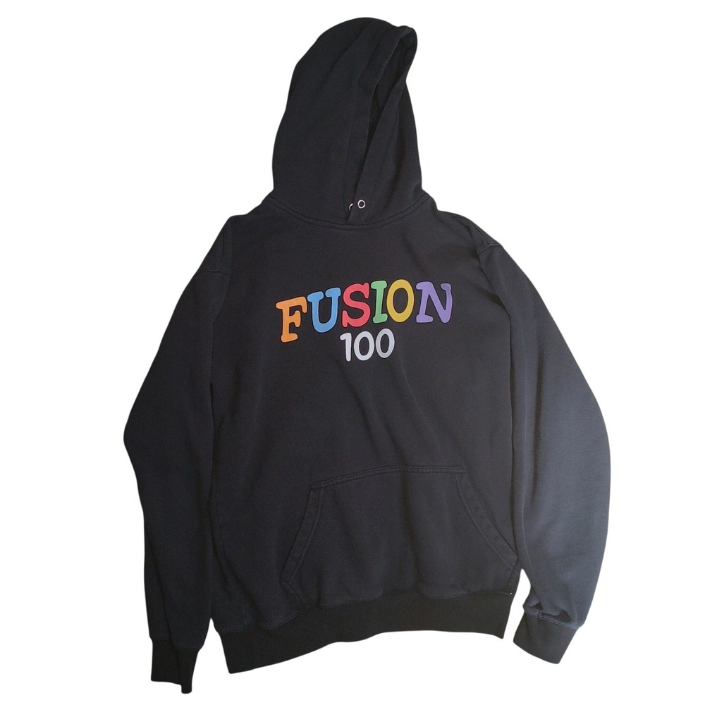 Fusion 100 Graphic Hoodie Men Sz XL Black Rainbow Puff Print Pullover Sweatshirt